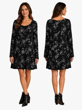 Mudd Black White Floral Swing Dress Lace-Up Sleeve Boho Women’s Size XL